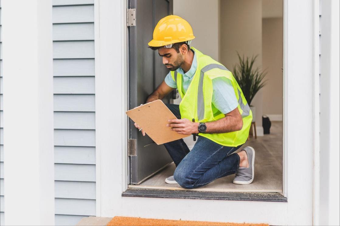 Inspector in a hard hat and high-visibility vest kneeling in a doorway making notes on a clipboard